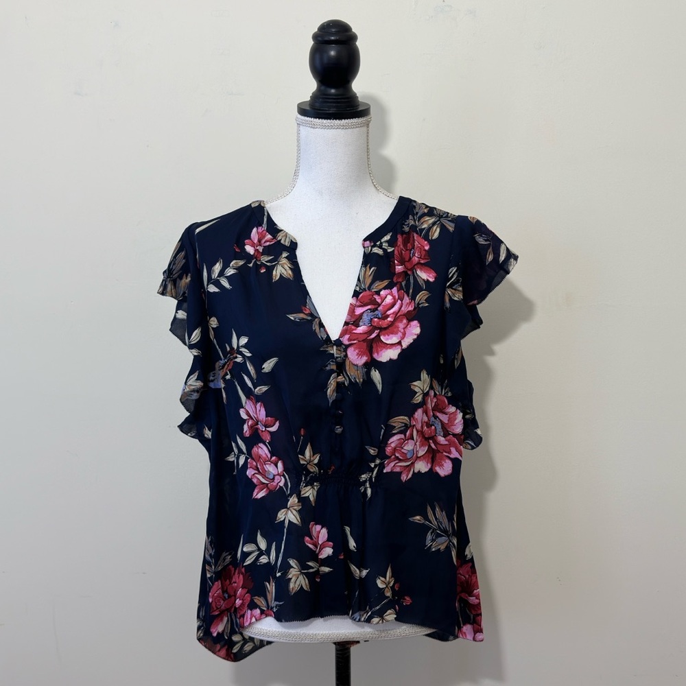 Joie Crisbell 100% Silk Floral Blouse Navy Pink Ruffle Sleeve Top L - Picture 2 of 12